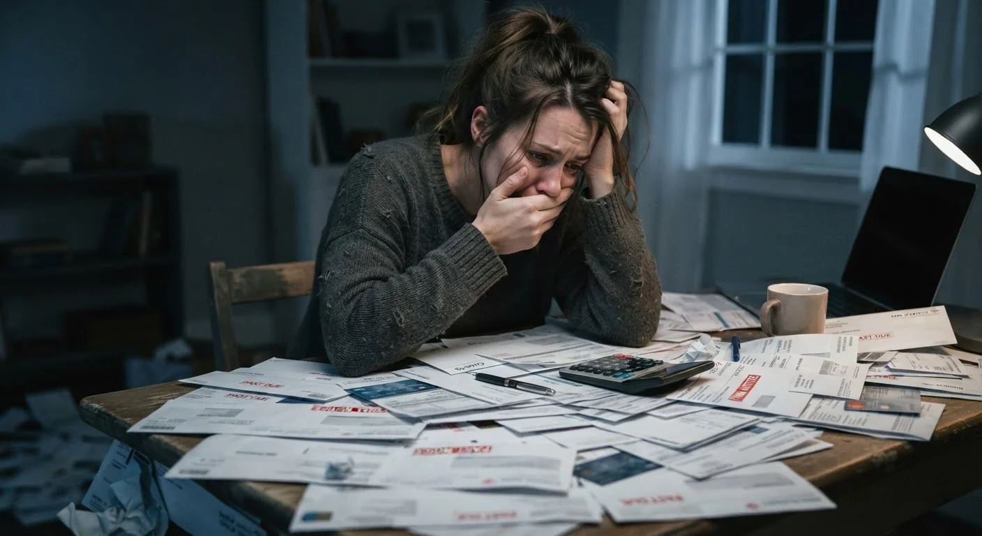 Person sitting at a desk surrounded by stacks of bills and credit card statements