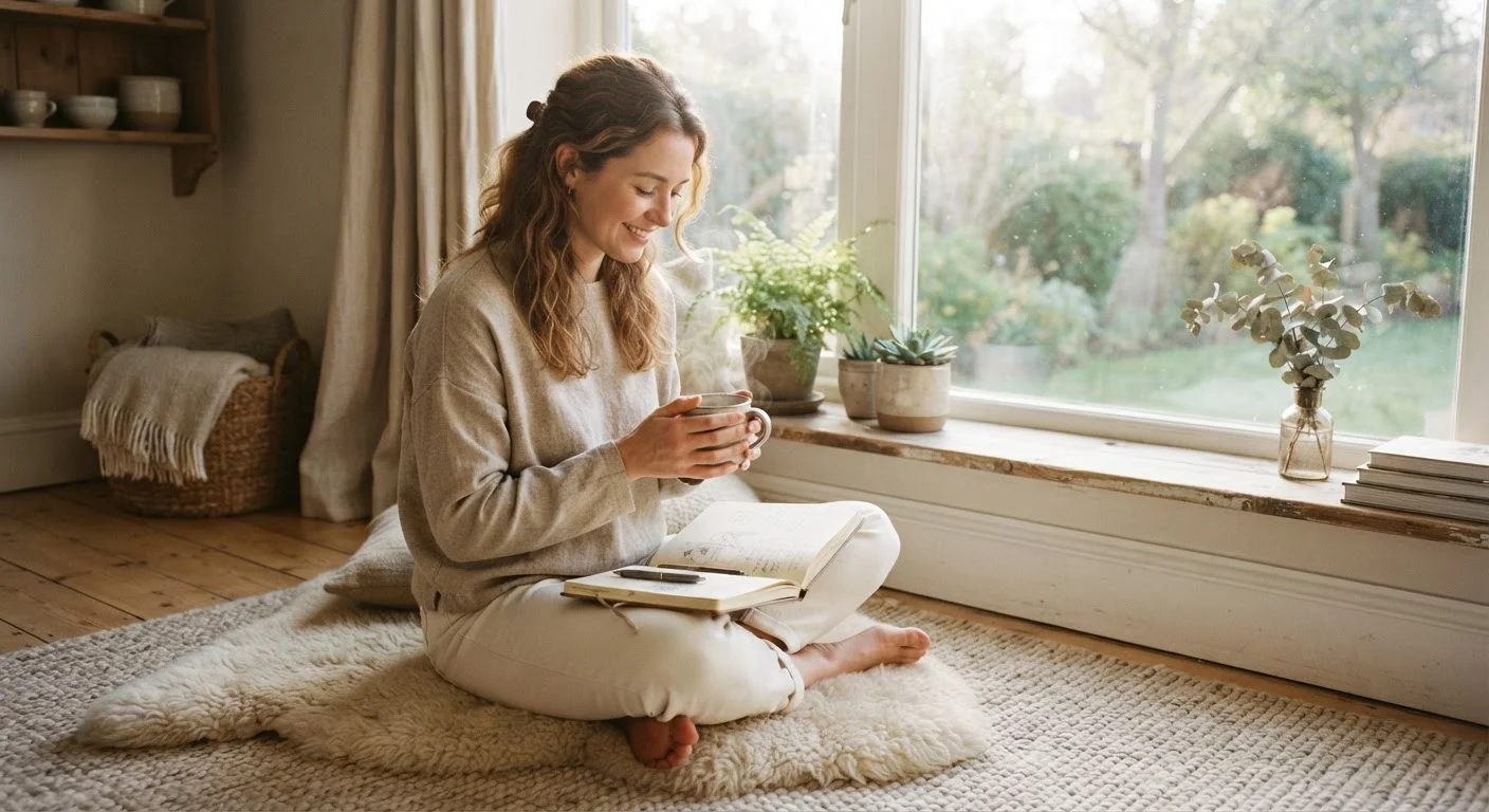 Person journaling by a sunlit window with a cup of tea, calm morning routine