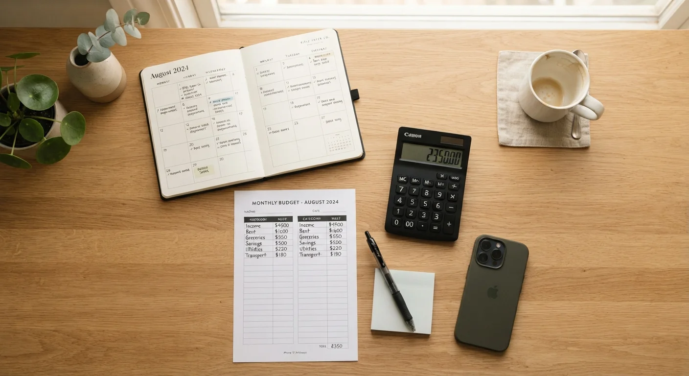 A tidy desk with a monthly planner, calculator, and budget worksheet ready for a budget reset session