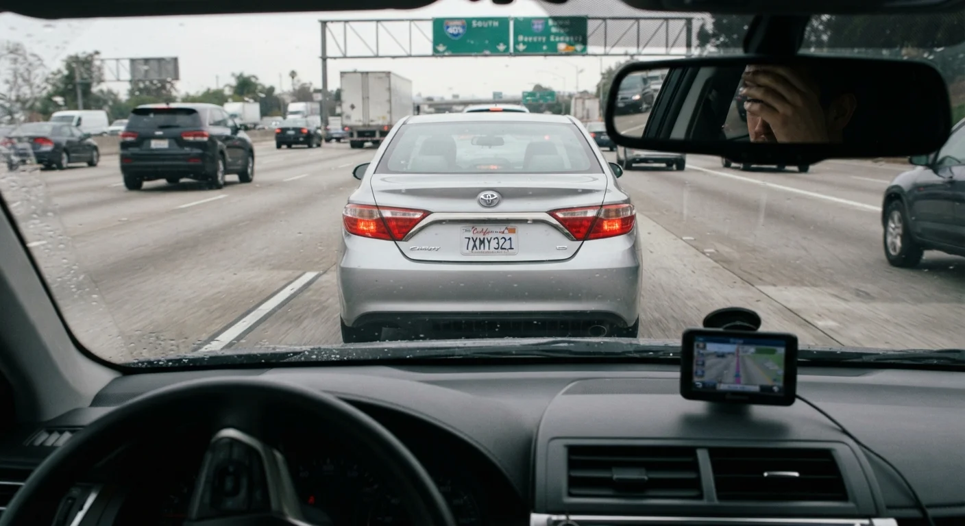 View from inside a car following another vehicle at an unsafe close distance on a highway