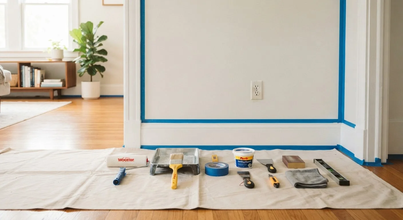 Neatly arranged renovation prep tools including tape, drop cloths, and sandpaper on a clean floor.