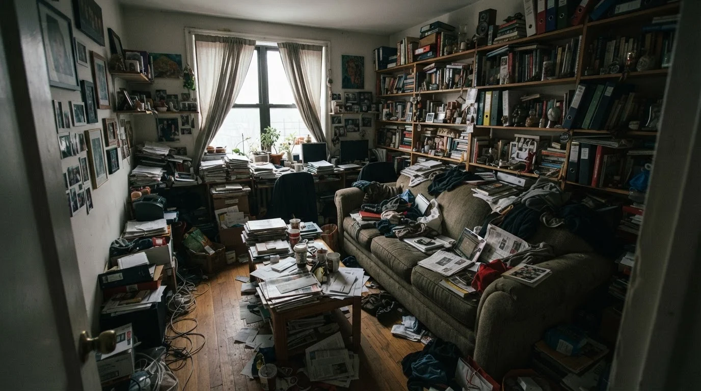 A cluttered living room with stacked papers, overflowing shelves, and scattered items on a sofa