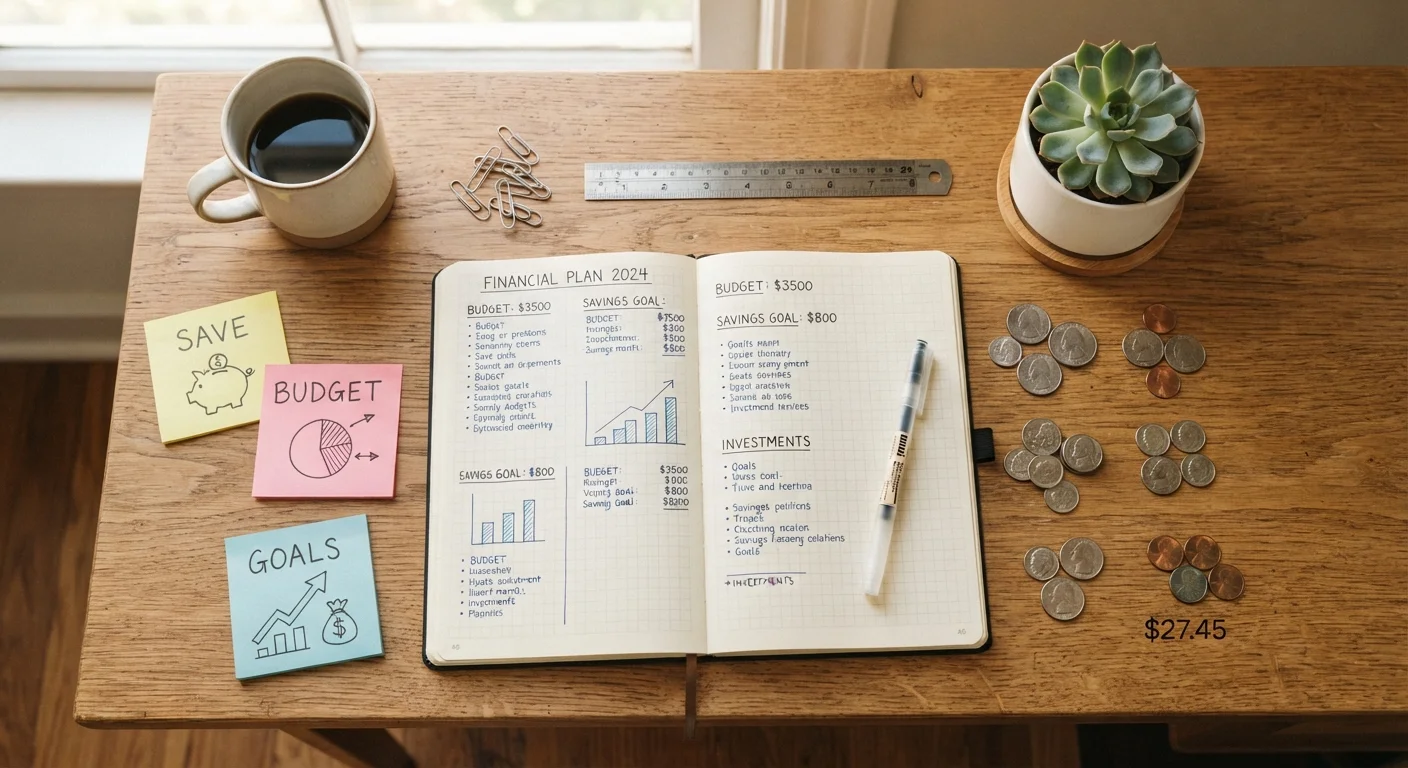 Organized desk with notebook, coins, sticky notes representing personal finance planning