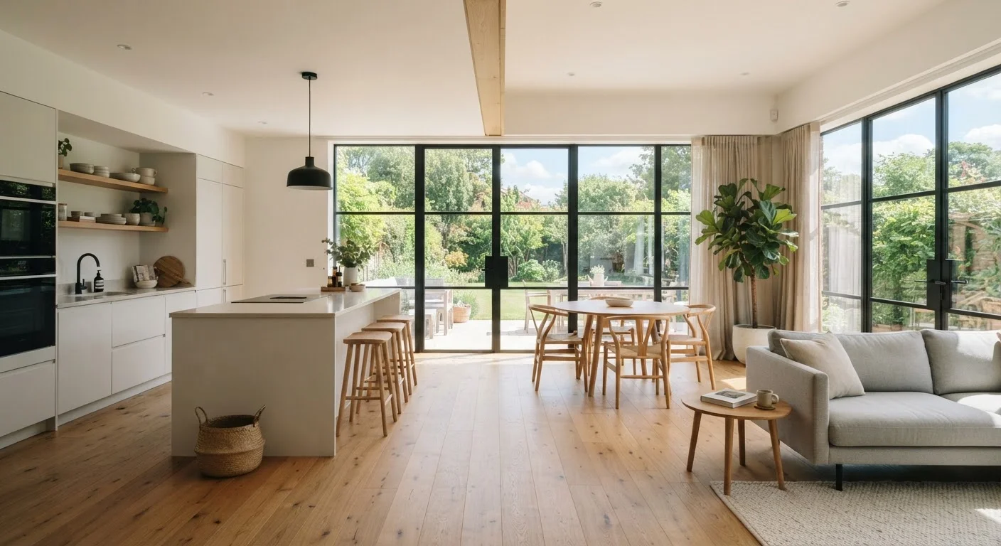 A spacious open-plan kitchen and living room flooded with natural light and warm tones