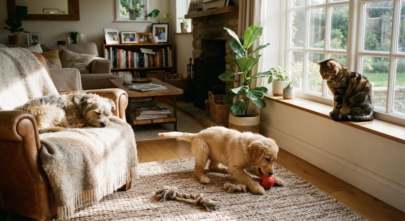 A cat and two dogs peacefully coexisting in a bright, cozy living room