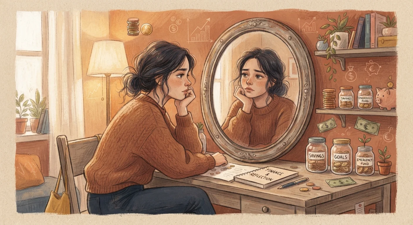 Person gazing at mirror reflection with subtle financial symbols representing money identity and self-perception