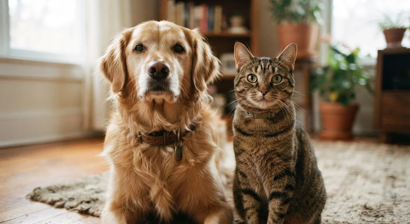 A dog and cat sitting together, both appearing alert and communicative in natural light