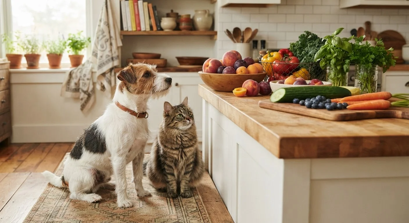 A dog and cat sitting near kitchen produce, representing pet food safety questions