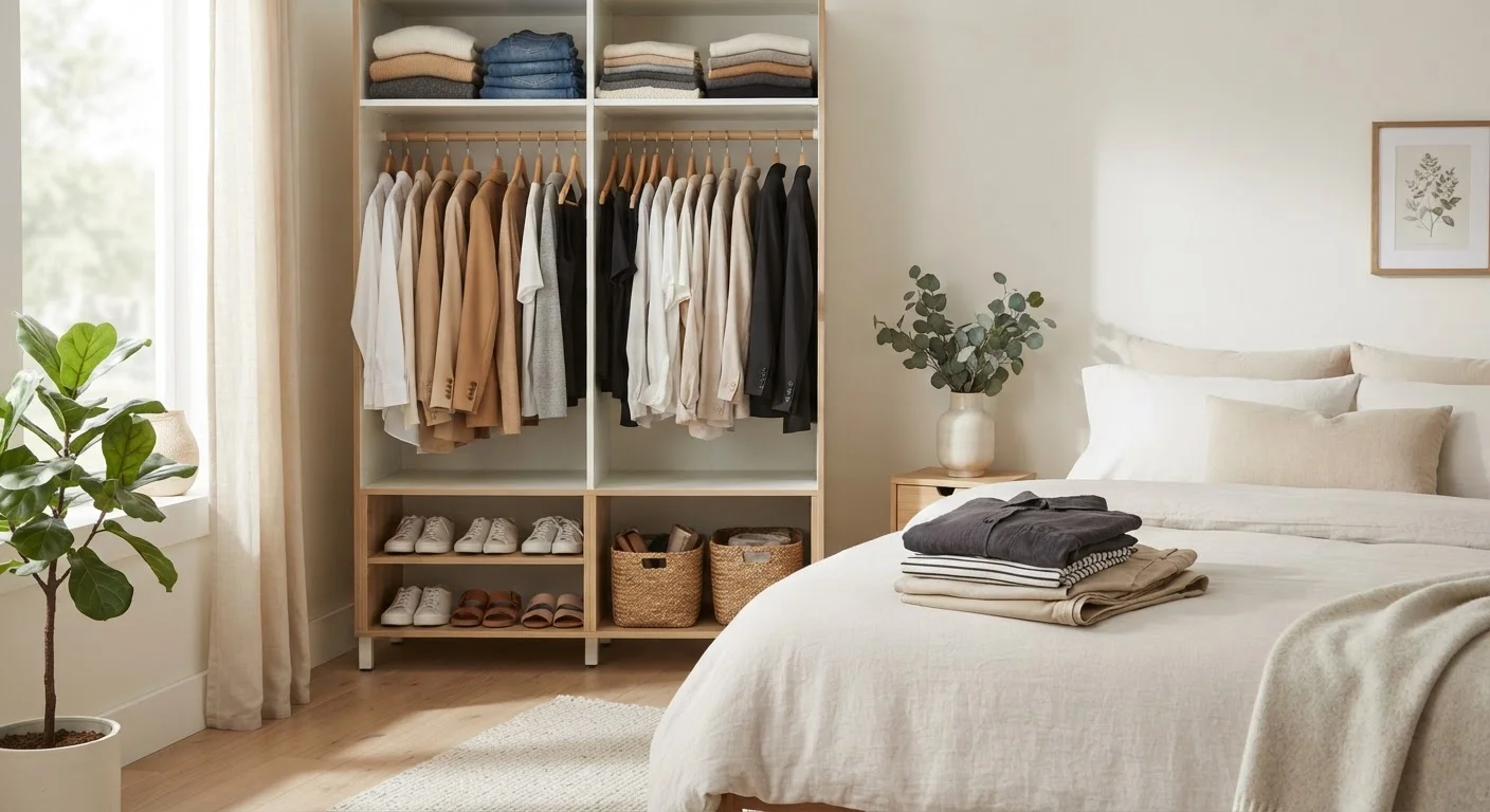 Open wardrobe with clothes organized by color beside a sorted pile on a bed