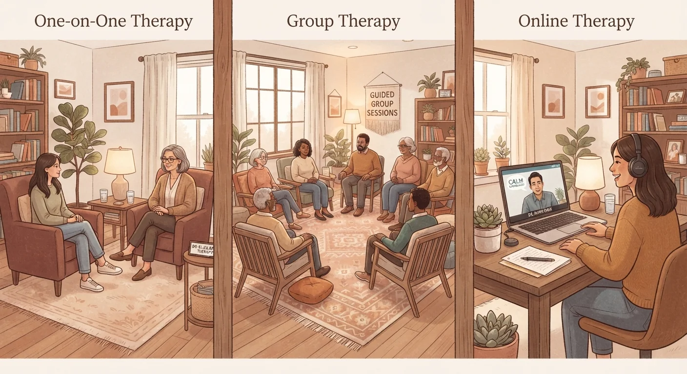 Three therapy formats shown side by side: individual session, group circle, and online video call