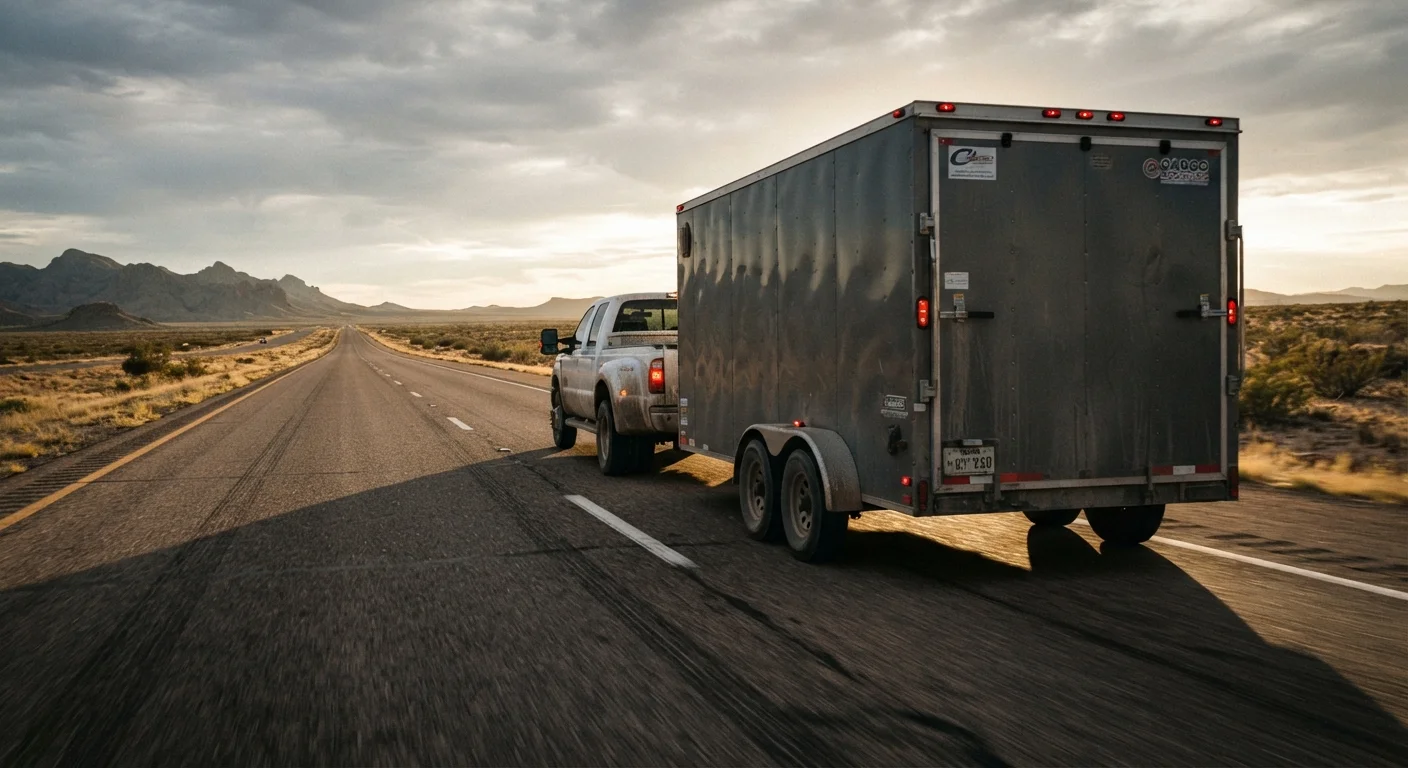 A pickup truck towing a large enclosed trailer on an open US highway in late afternoon light.
