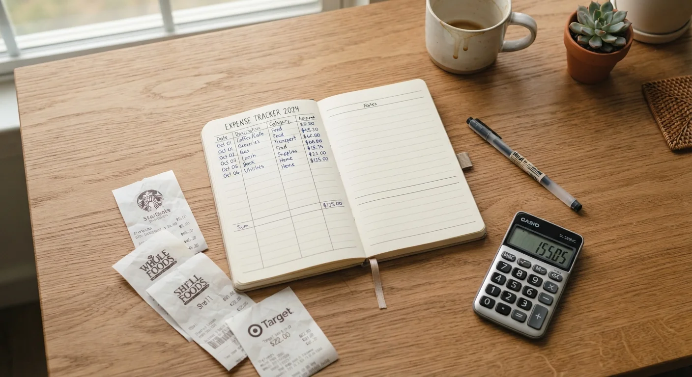 Open notebook with handwritten spending categories and a calculator on a wooden desk