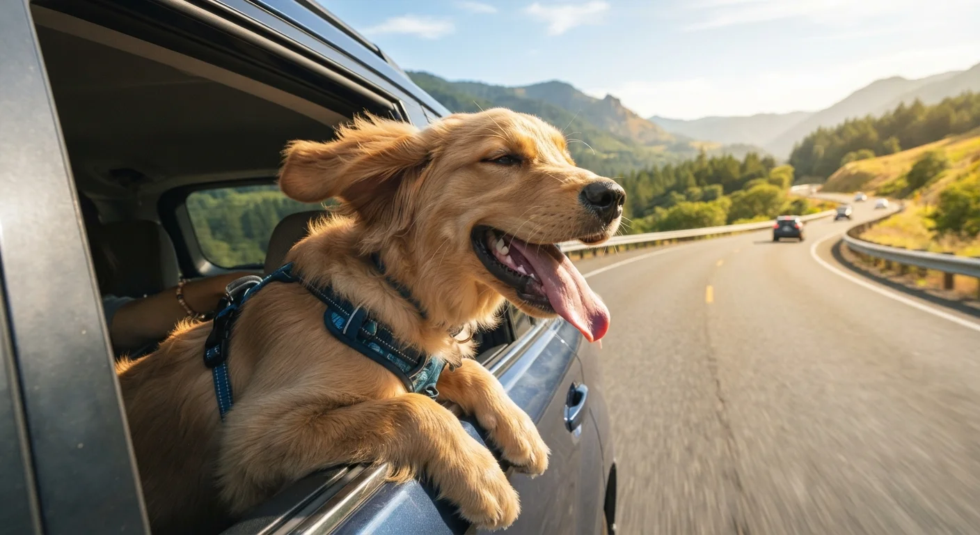 A dog with ears flapping joyfully looks out of a car window on a sunny road trip