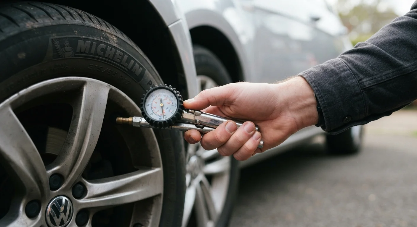 A driver checking tyre pressure with a gauge at a car tyre valve stem