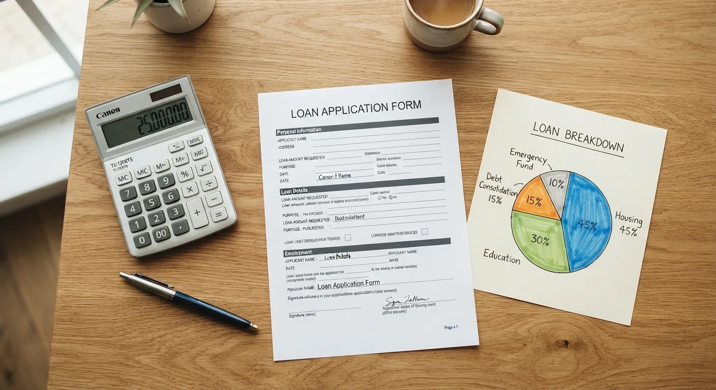 Calculator and loan application form on a desk with a pie chart illustrating financial ratios