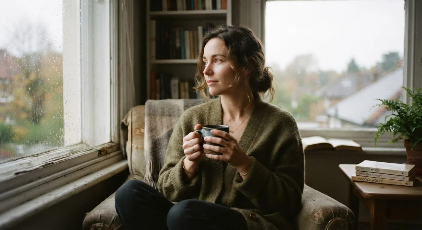 A thoughtful adult sitting by a window with a warm mug on a grey day