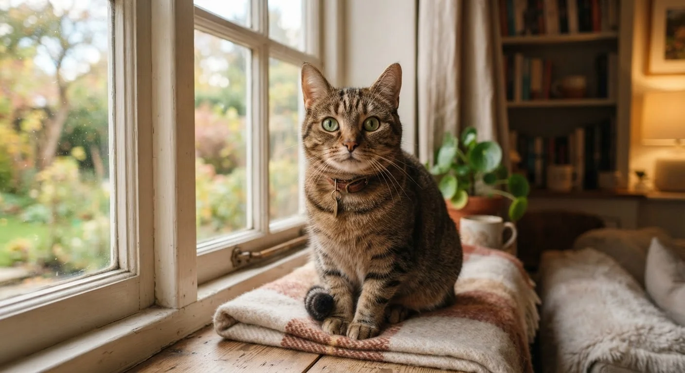 A domestic cat sitting on a windowsill gazing attentively with bright, curious eyes
