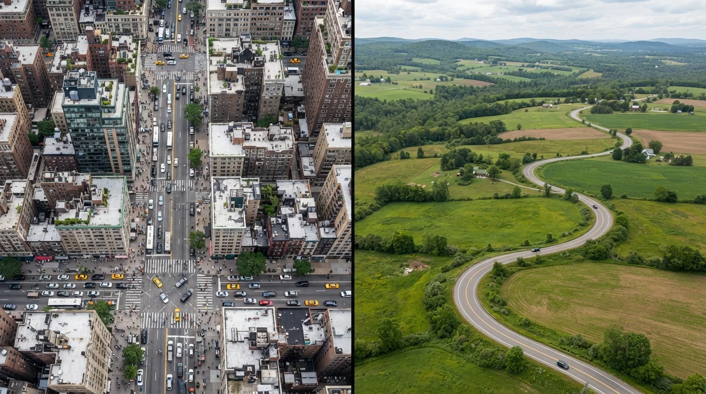 Split aerial view comparing a busy urban street grid with a winding rural countryside road