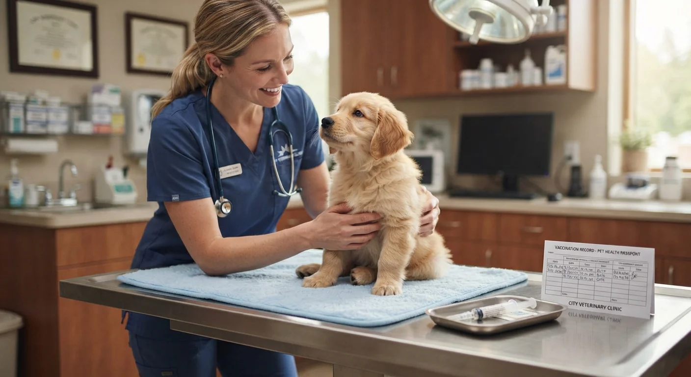 Veterinarian examining a puppy during a vaccination appointment in a clean clinic setting