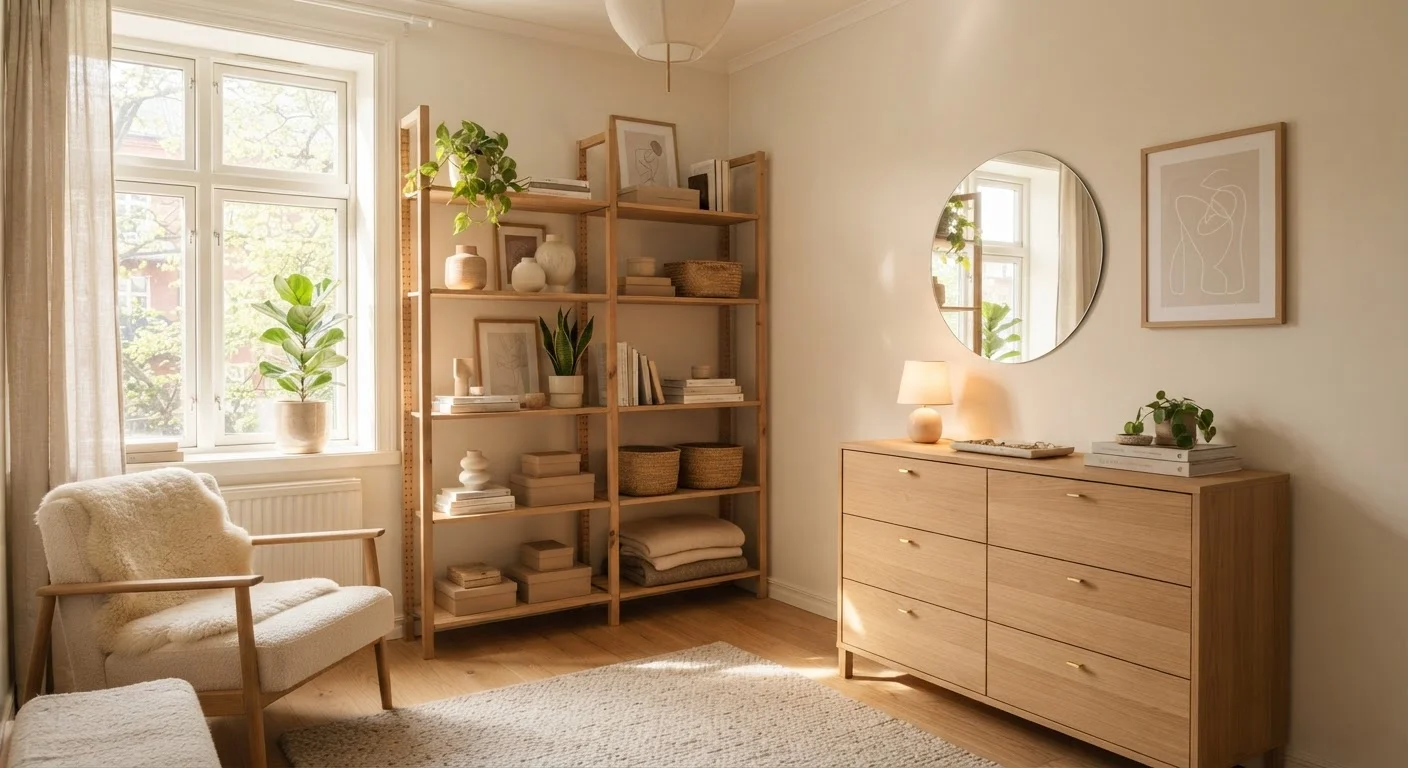 A small room with vertical shelving on one wall and a drawer unit on the other