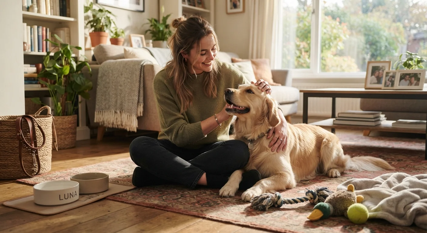 A pet owner sitting on the floor with a happy dog in a cozy sunlit living room