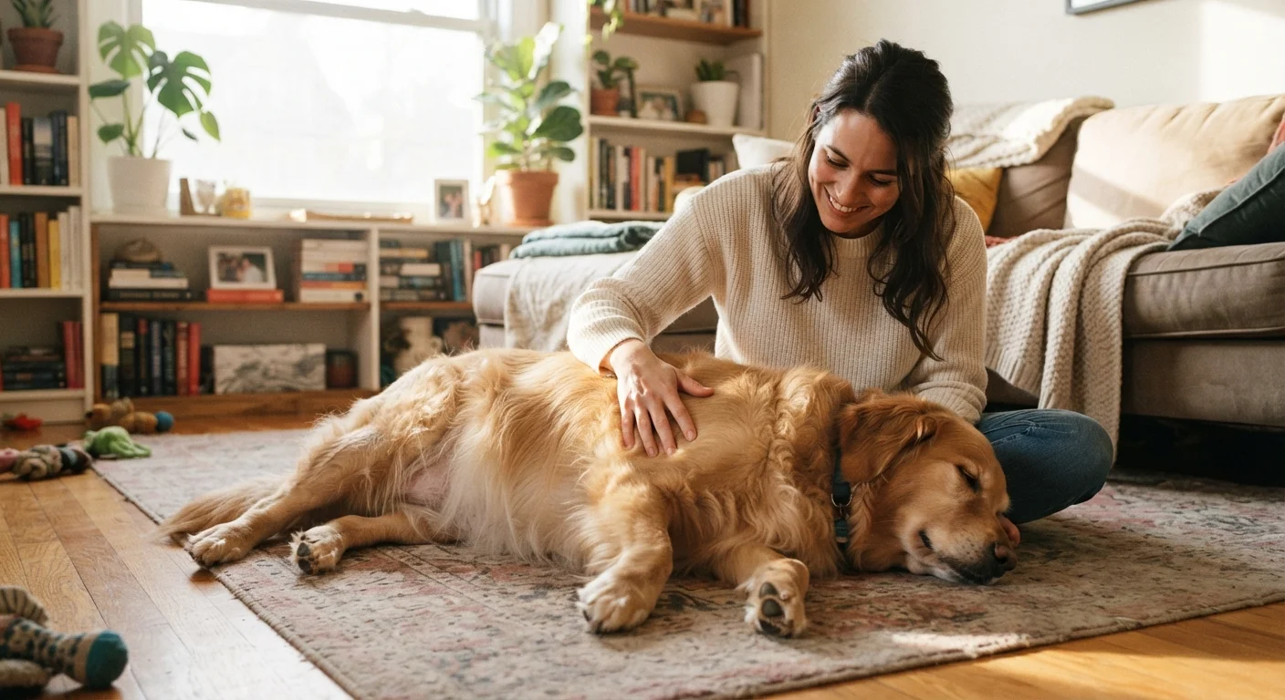 A pet owner affectionately petting a golden retriever indoors in warm lighting