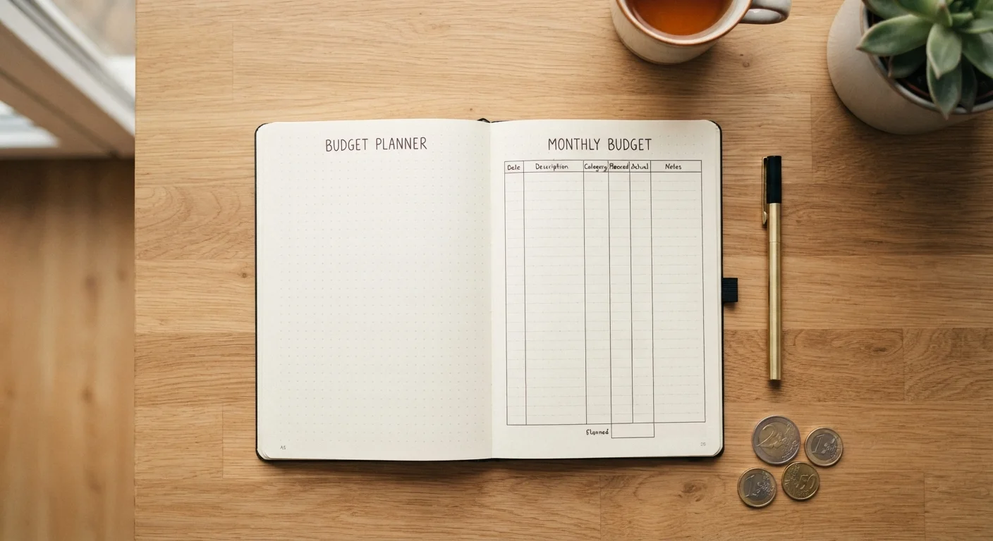 Open notebook with blank budget page, pen, and coins on a wooden desk