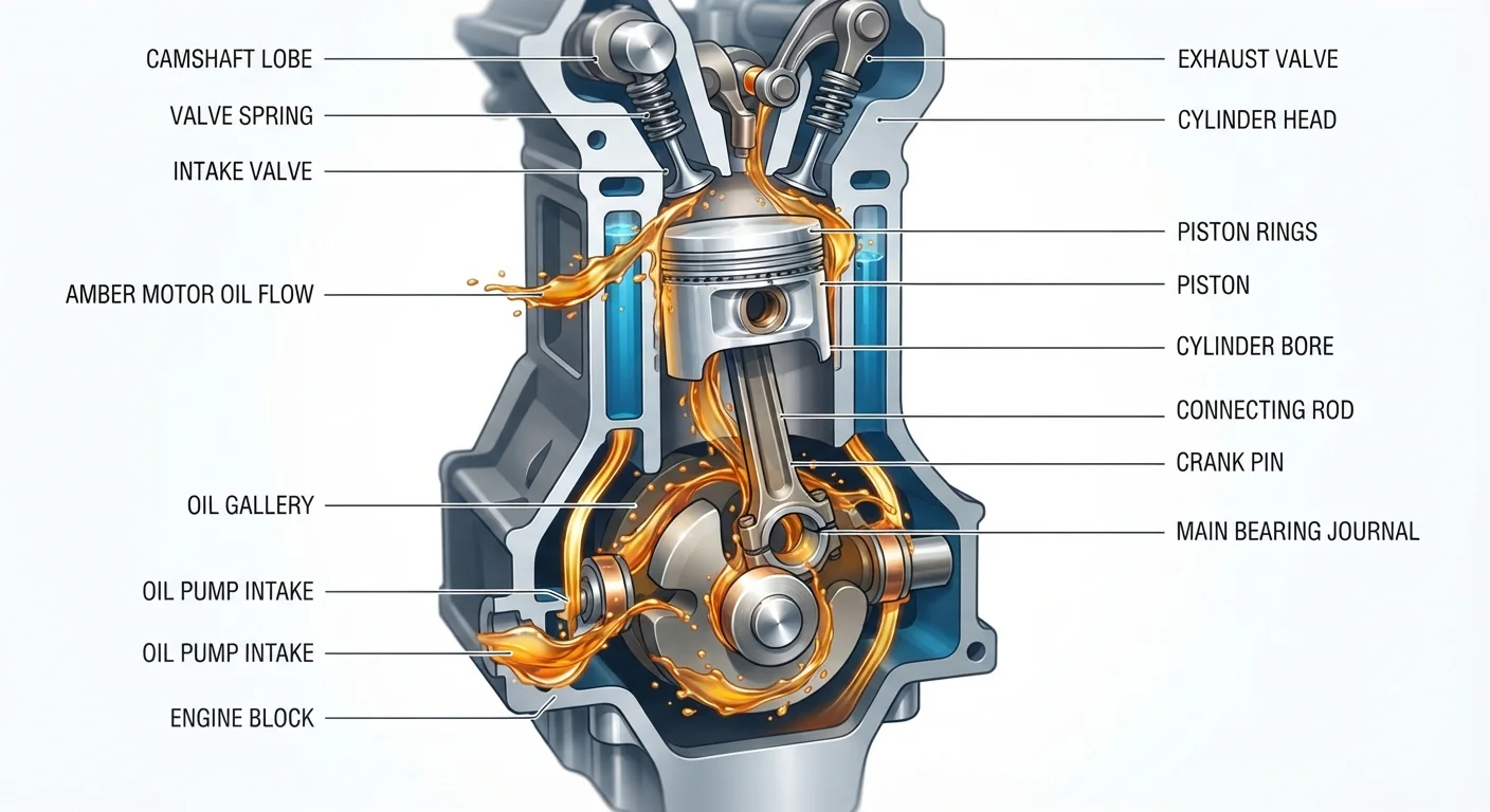 Cross-section diagram of a car engine showing oil flowing around internal components and pistons