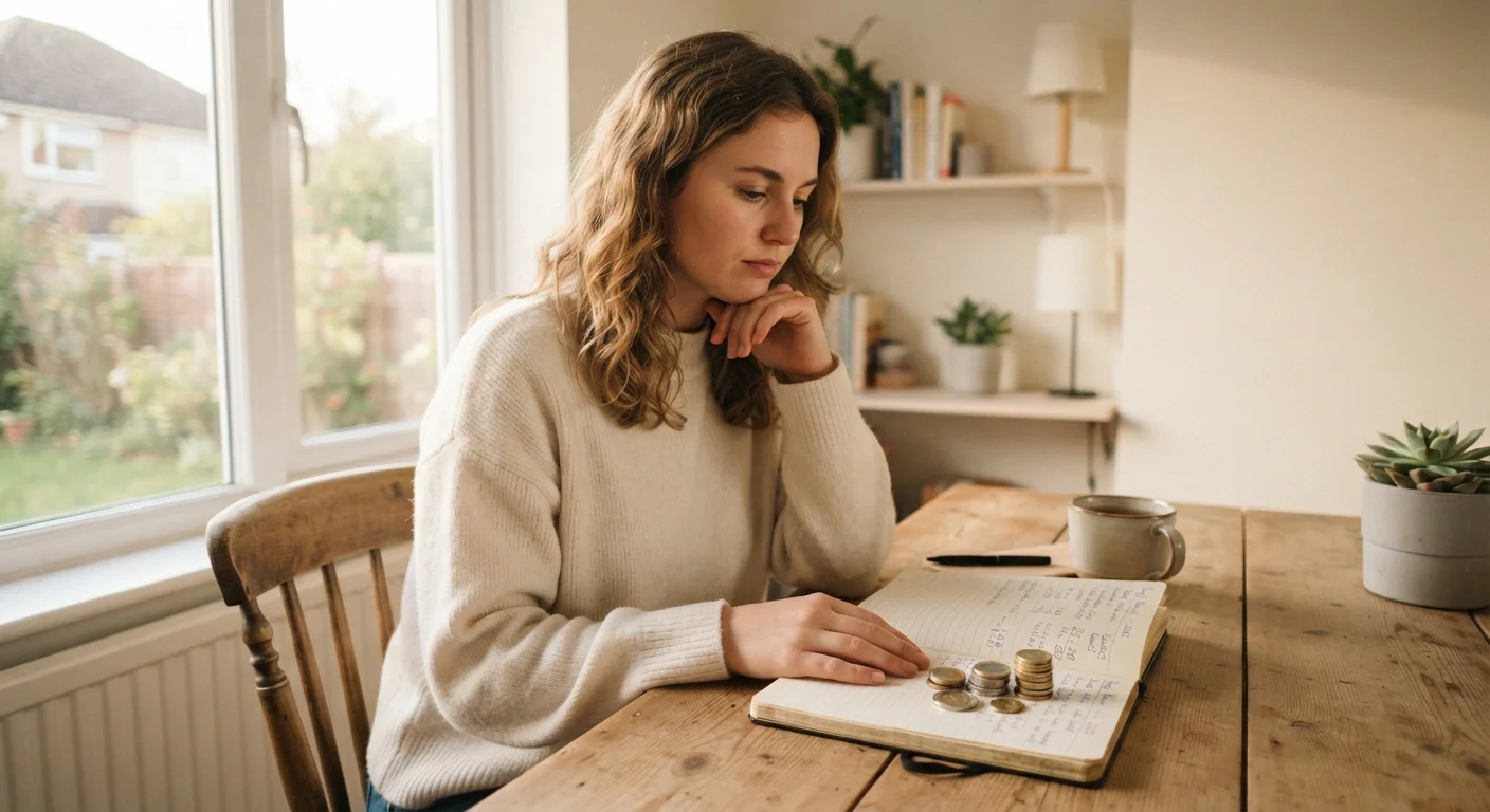 Person sitting at a desk reflecting on financial notes and coins in warm light