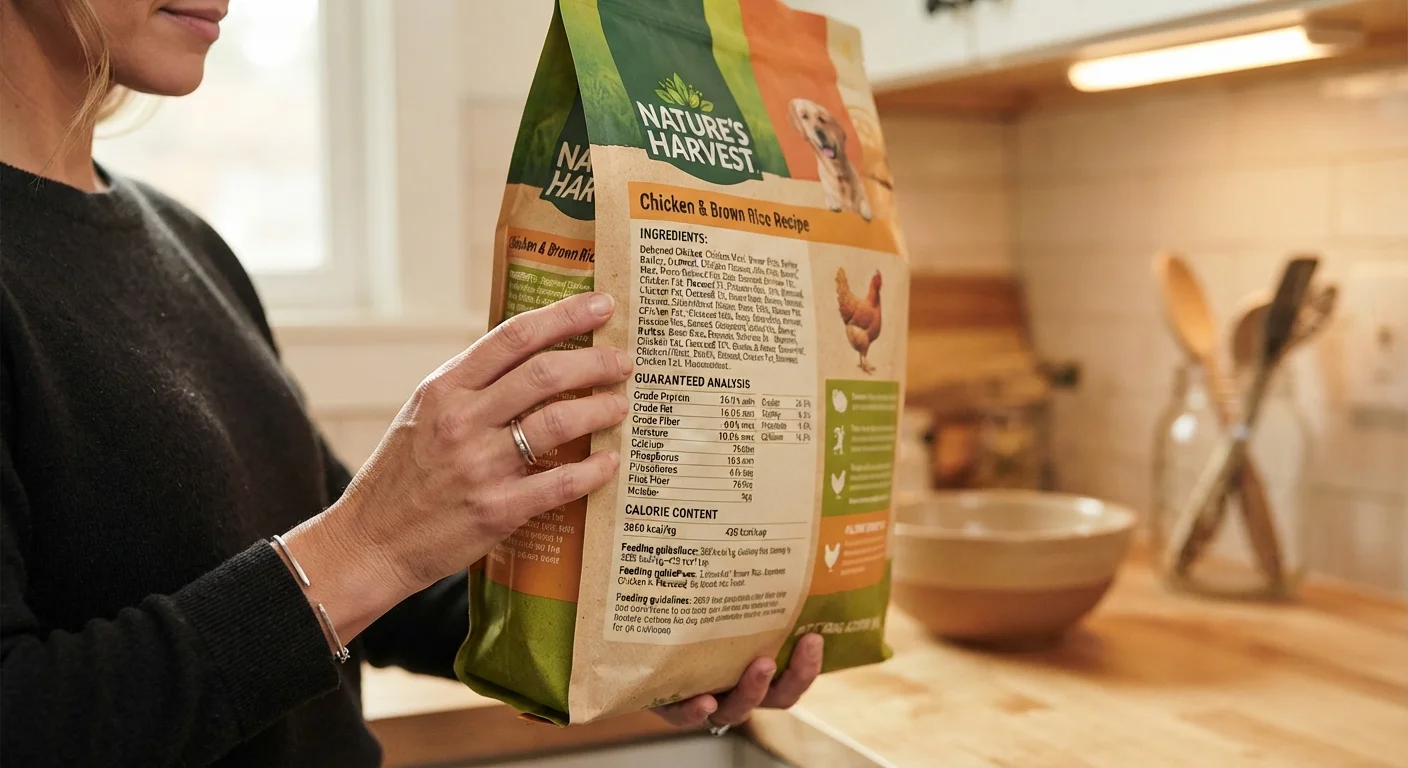 Person reading the ingredient list on the back of a pet food bag in a kitchen
