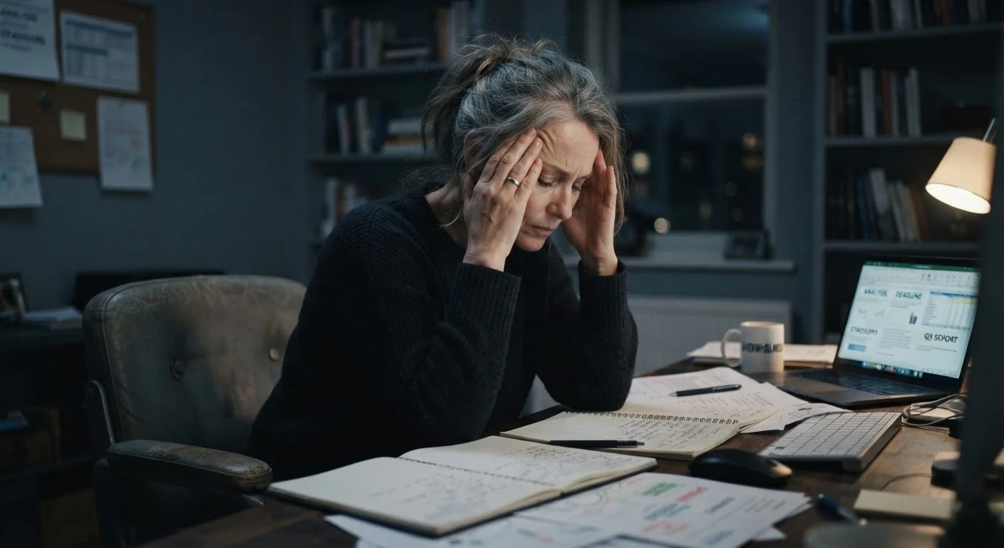 An adult sitting at a desk with hands pressed to temples, expressing stress and mental strain