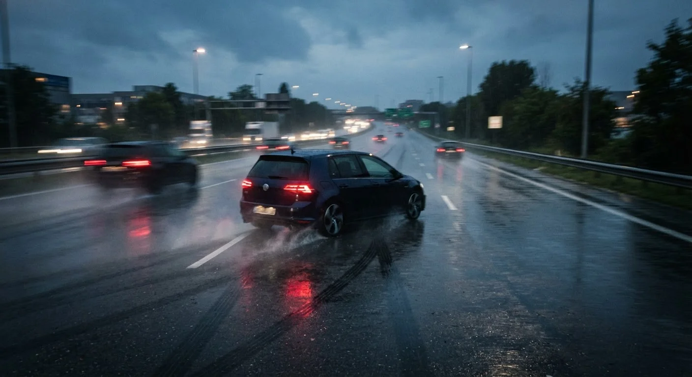 A car braking hard on a wet highway at dusk with visible skid marks on the road
