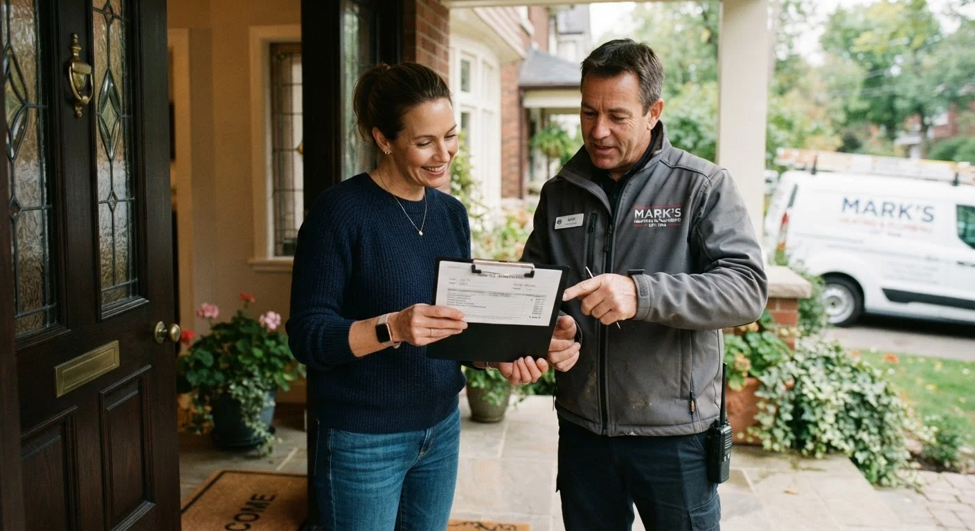 Homeowner reviewing documents with a tradesperson before work begins on home