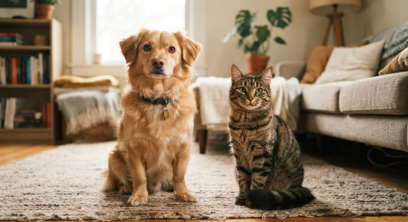 A dog and cat sitting together indoors, appearing alert and communicative toward the viewer