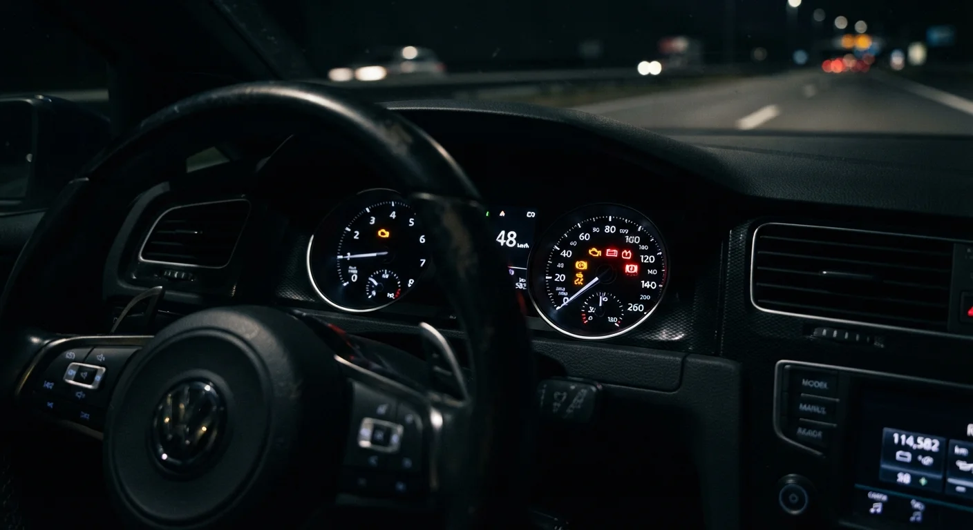 Car dashboard lit up with multiple warning lights glowing amber and red at night