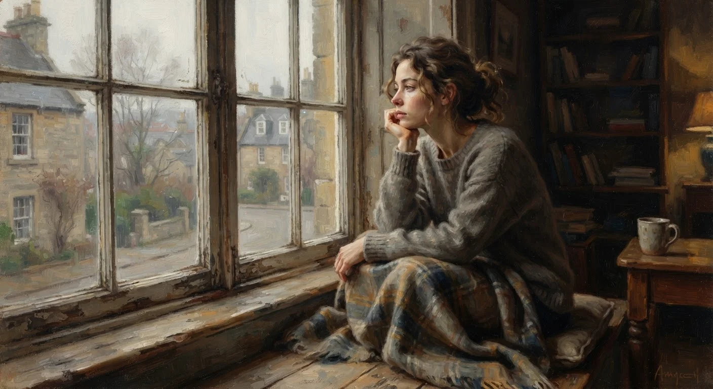 A thoughtful adult sitting by a window, reflecting on their emotional state in soft natural light