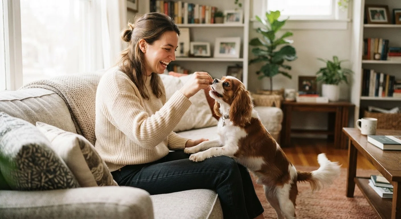 Owner smiling and giving a treat to a small dog jumping up on the couch