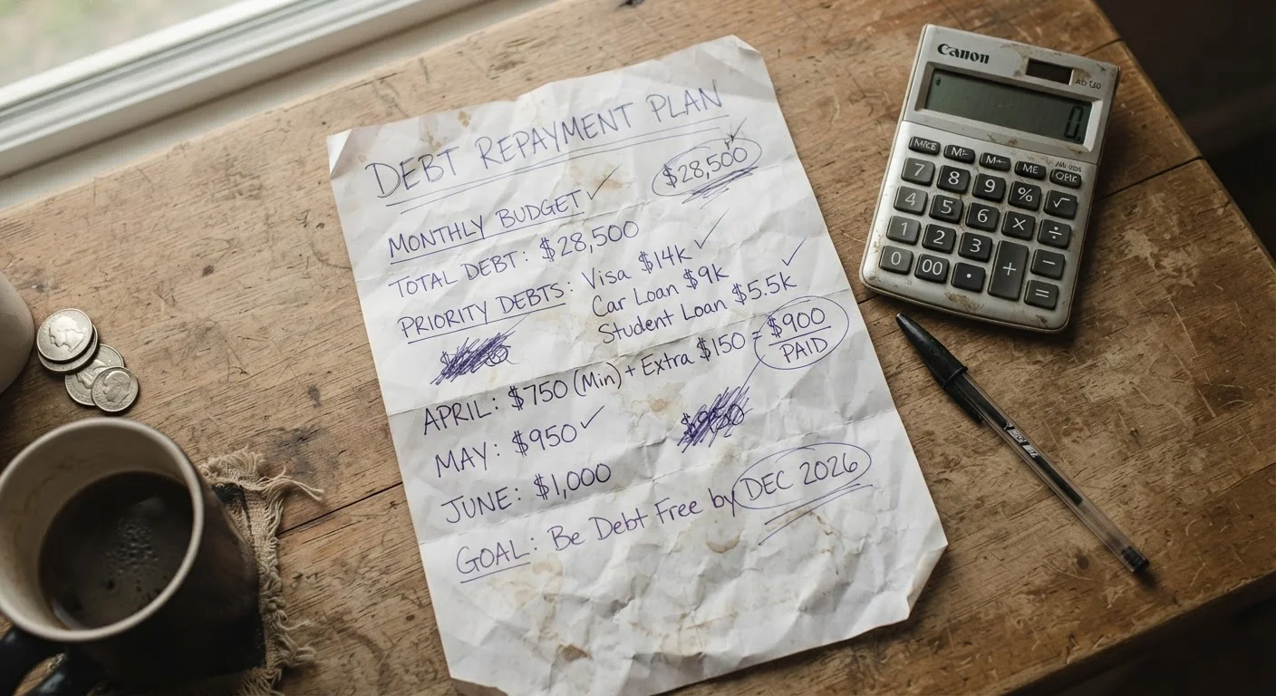 Crumpled debt repayment plan on a desk with a calculator and pen nearby