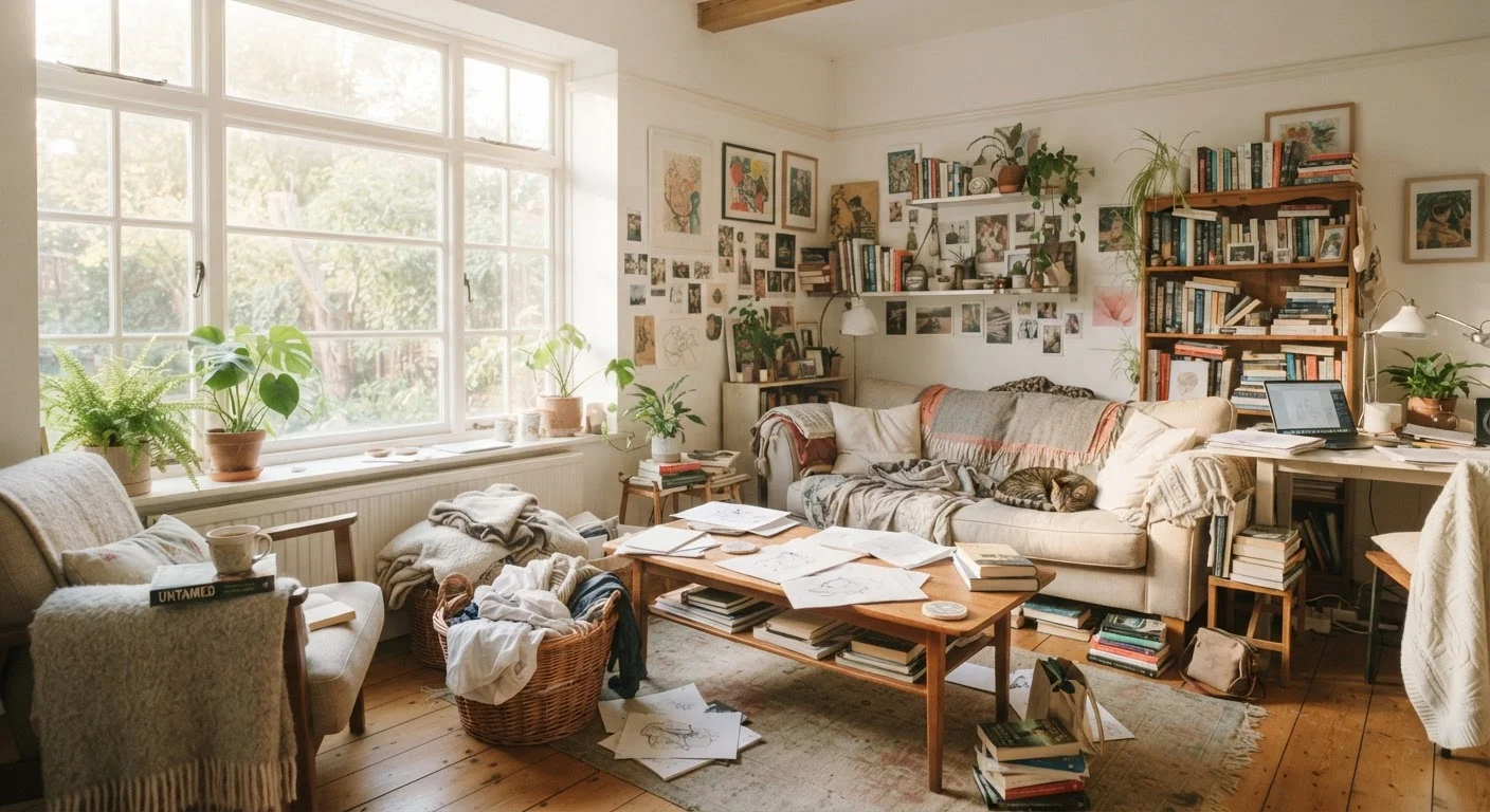 A sunlit living room with scattered items suggesting a home that needs organising but feels welcoming