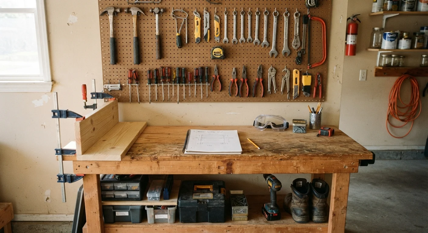 Organized home workshop with hand tools on pegboard, workbench, safety goggles, and a project notepad