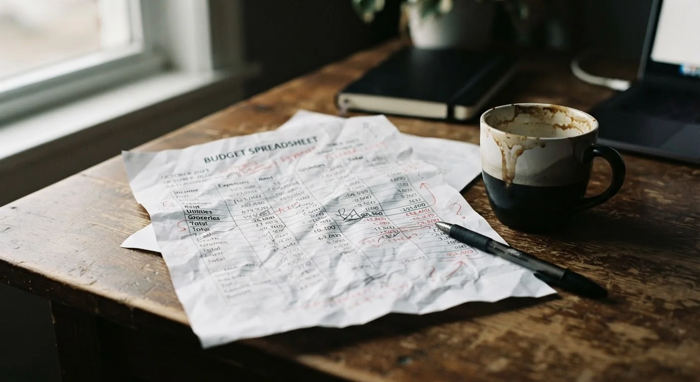 Crumpled budget spreadsheet on a desk next to a pen and coffee cup