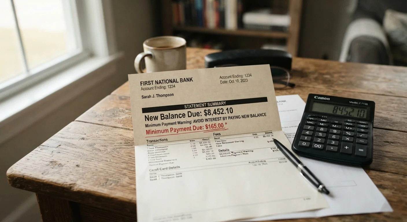 Credit card statement on a desk with calculator showing minimum payment versus total balance