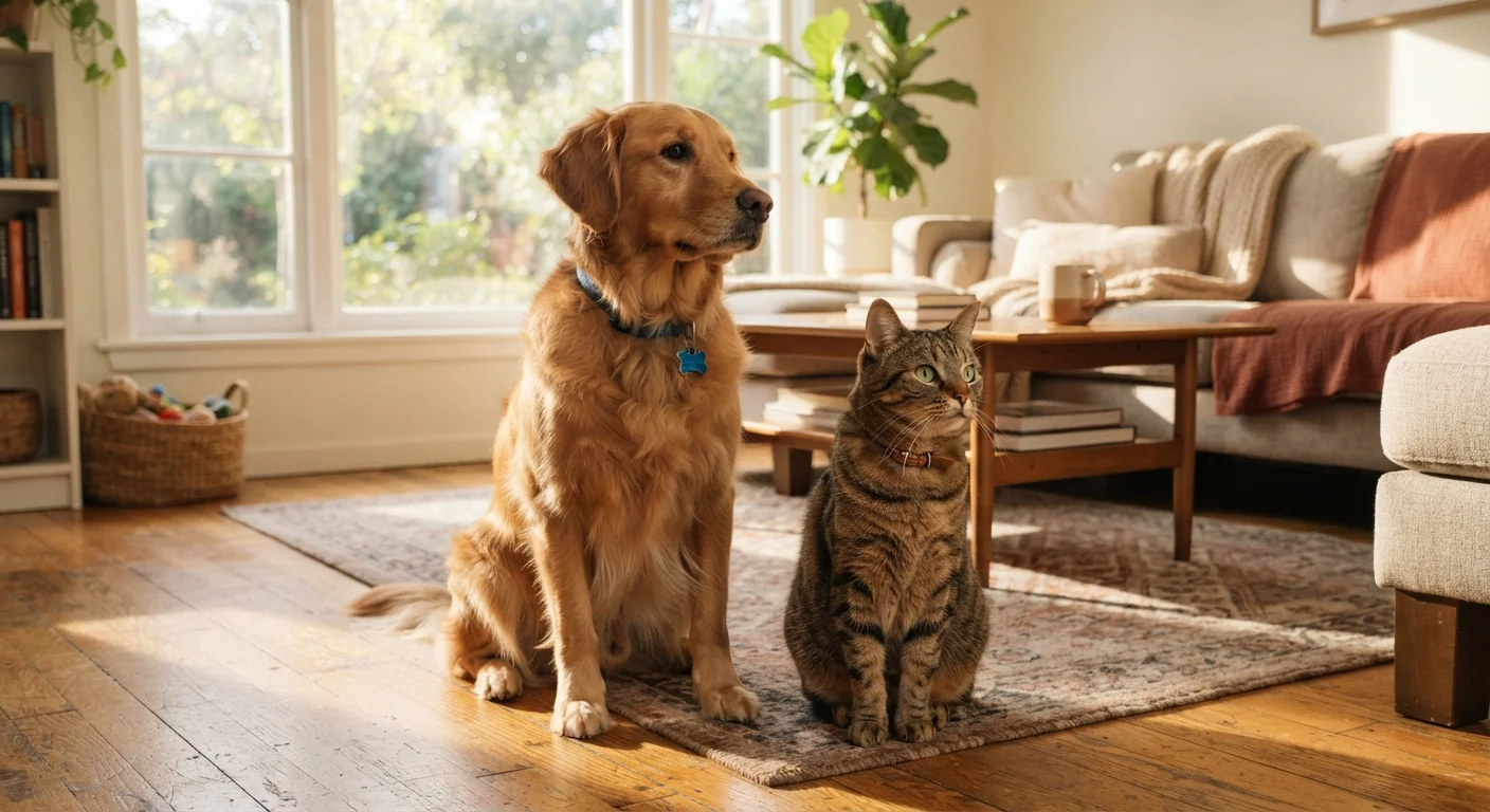 A golden retriever and tabby cat sitting together on a sunlit living room floor