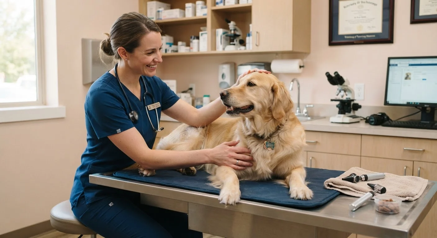 Veterinarian performing a routine wellness exam on a golden retriever in a bright clinic