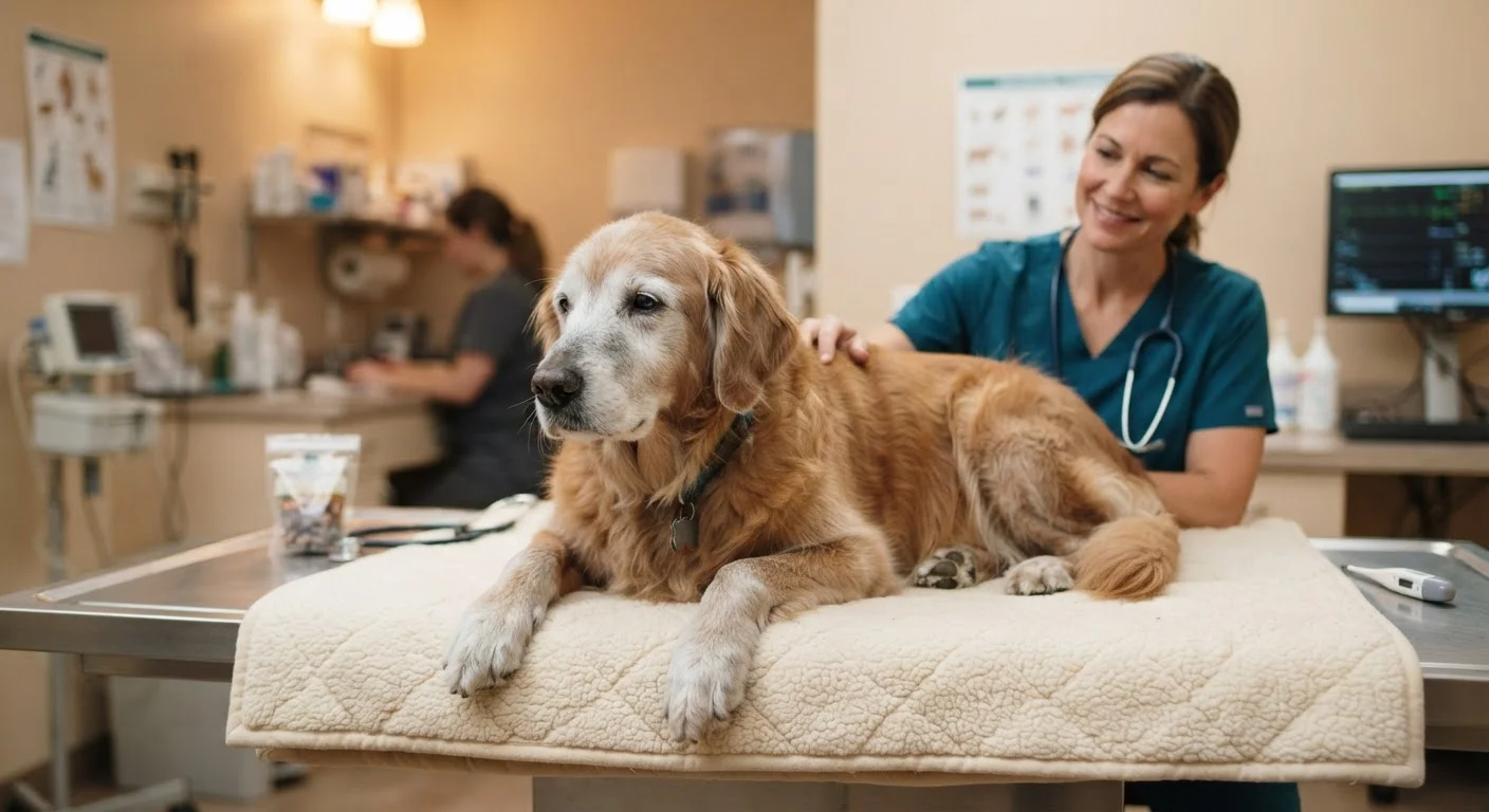 A senior dog with a grey muzzle resting calmly on a veterinary examination table