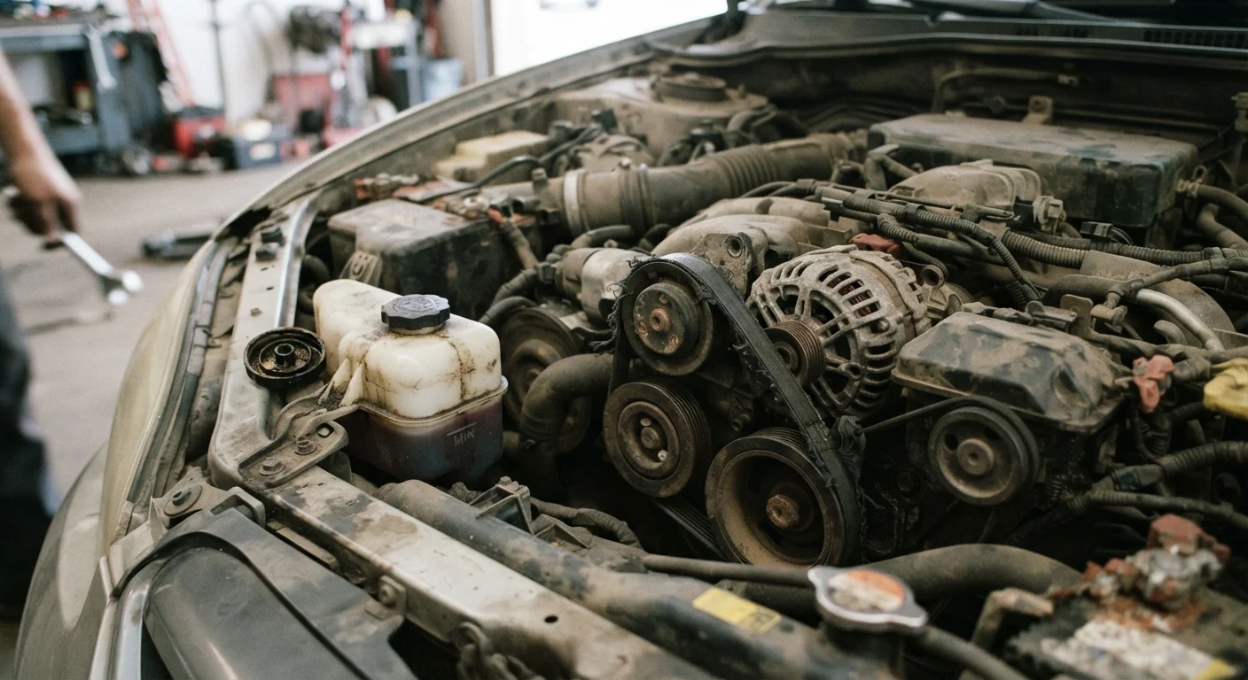 Close-up of a car engine bay showing a worn serpentine belt and fluid reservoir