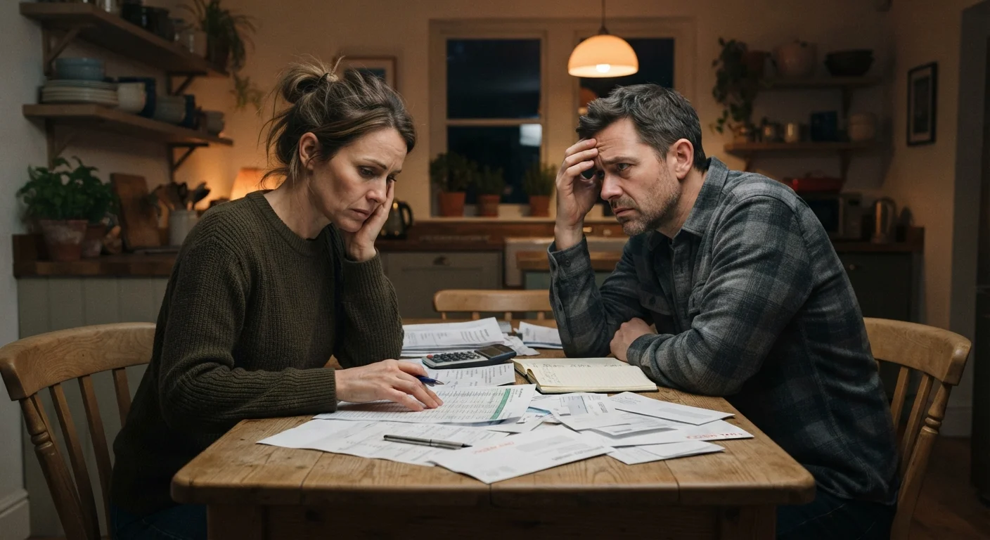 Two adults sitting at a table with financial papers, appearing hesitant to discuss money