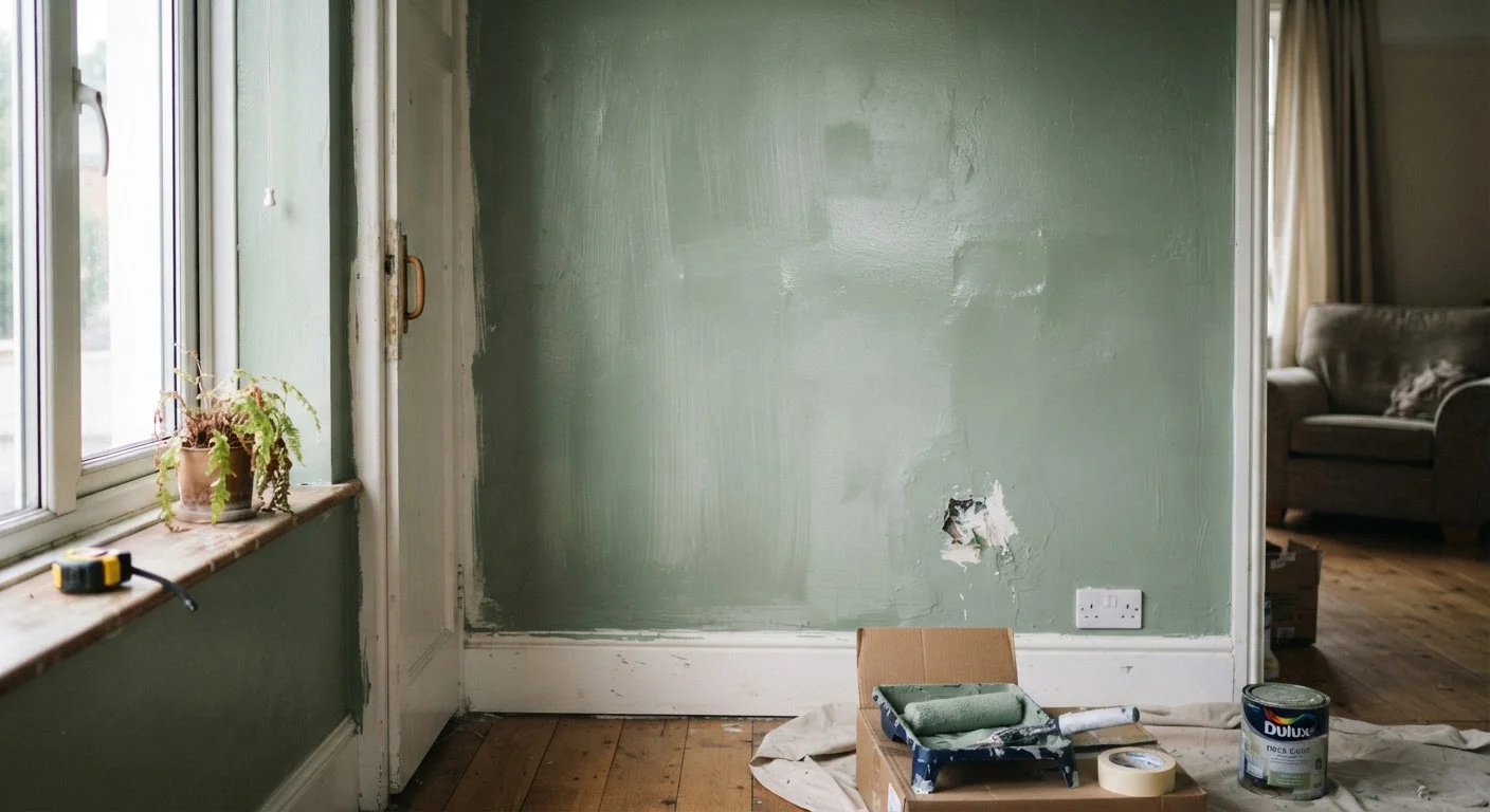 Freshly painted interior wall with visible streaks, patchy colour, and uneven finish