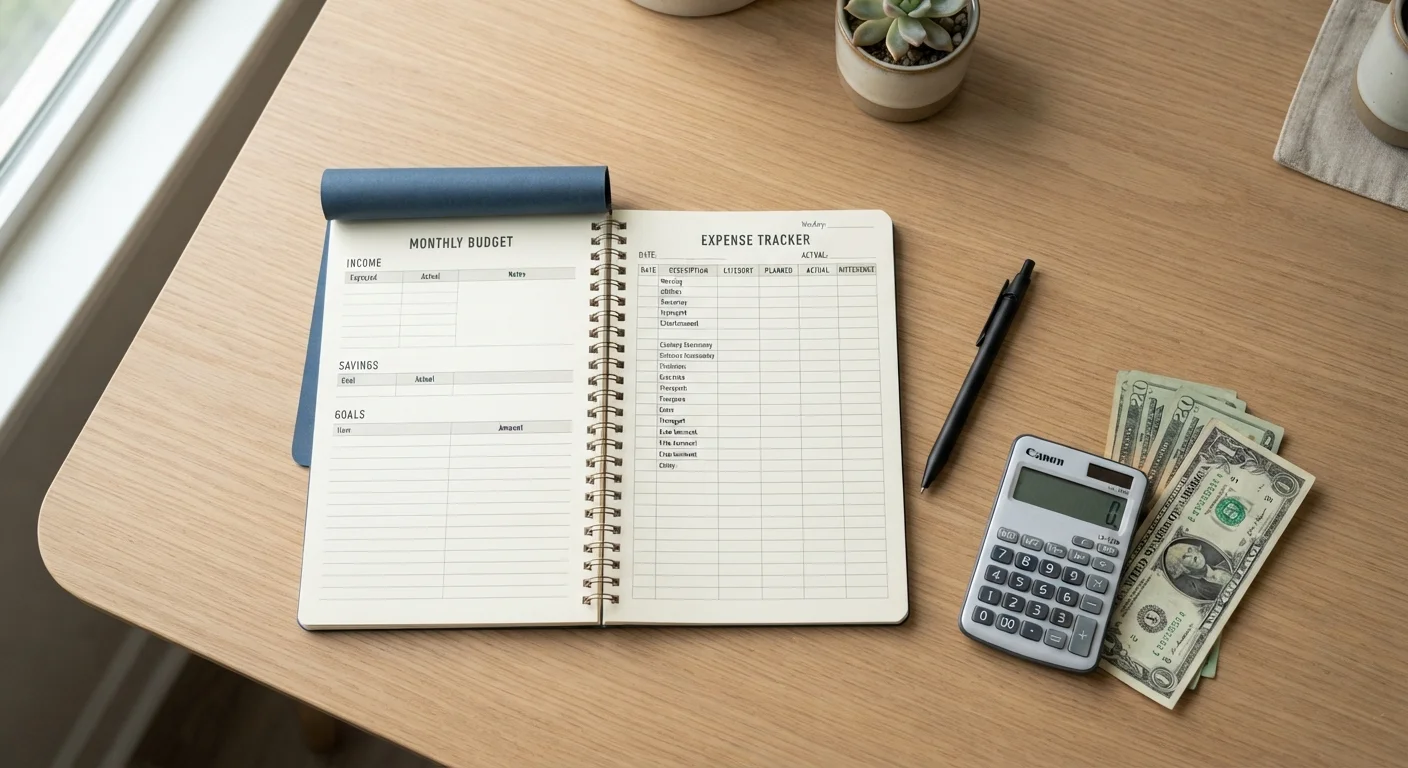 Open budget notebook with pen, calculator, and dollar bills on a wooden desk