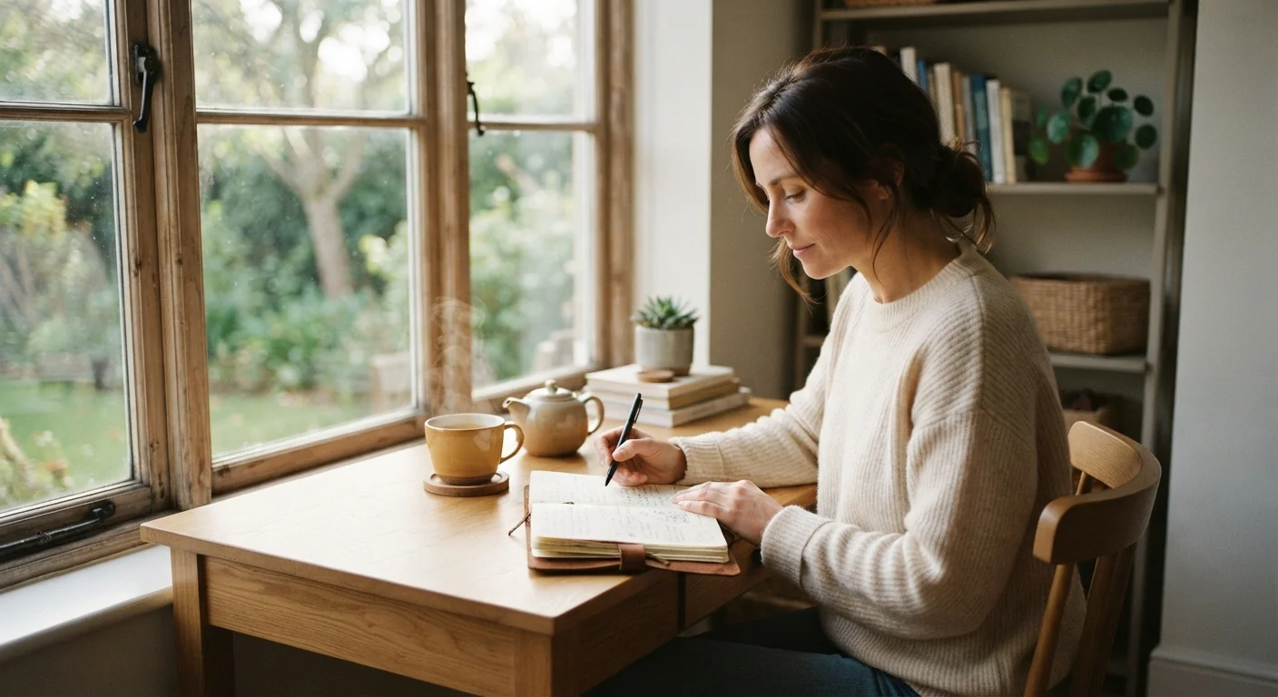 Person sitting quietly at a desk with a journal and tea, reflecting thoughtfully
